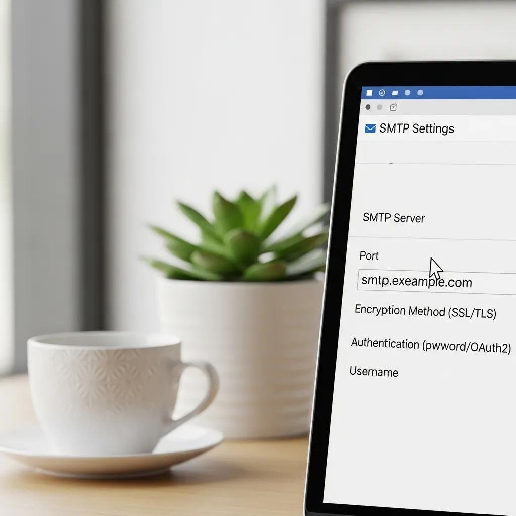 Close-up of SMTP settings on a laptop screen in a modern workspace
