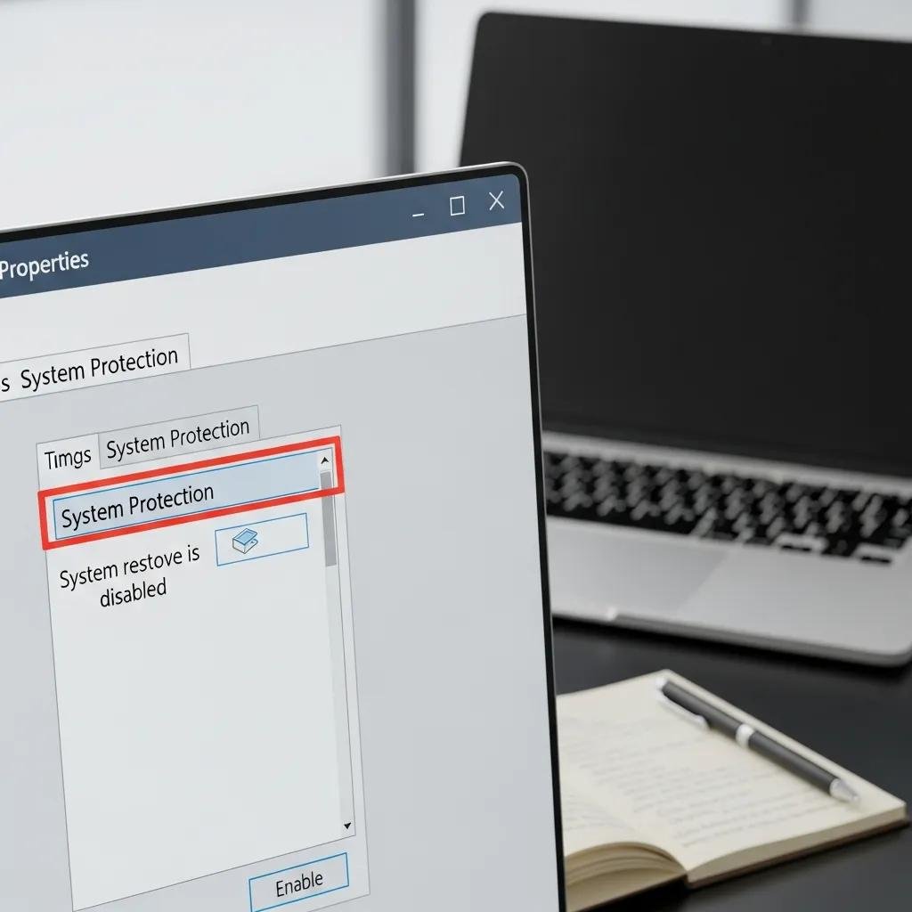 Close-up of System Properties window showing System Protection settings on a laptop