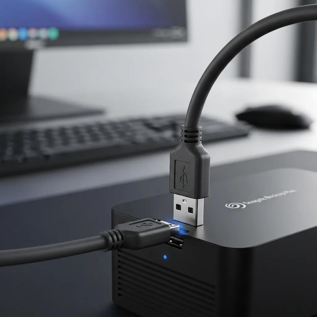 Close-up of USB cable connection to an external hard drive