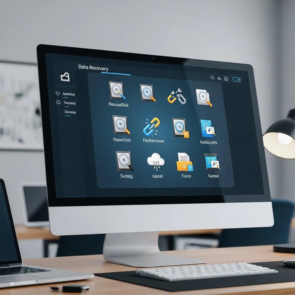 Collection of data recovery software icons on a computer screen, illustrating software options for file recovery