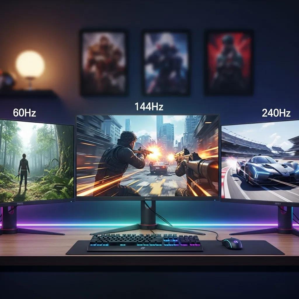 Comparison of gaming monitors showing different refresh rates and their visual performance