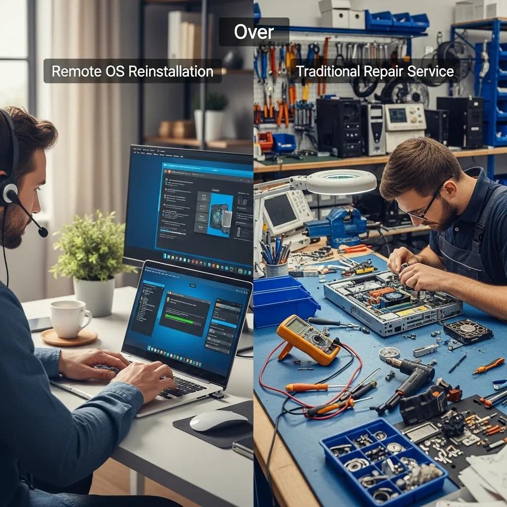 Comparison of remote OS reinstallation and traditional repair methods in a split-screen format