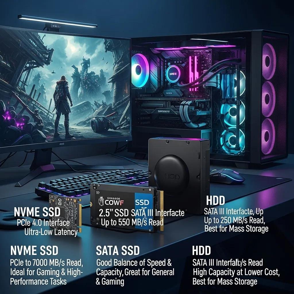 Comparison of SSD, HDD, and hybrid storage options for gaming PCs, showcasing performance features