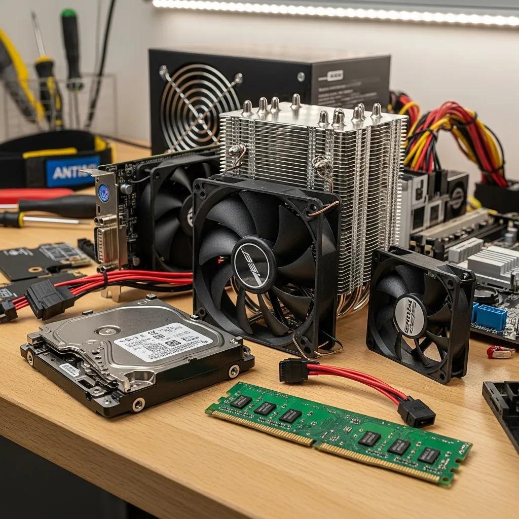 Computer hardware components including RAM and HDD on a workbench
