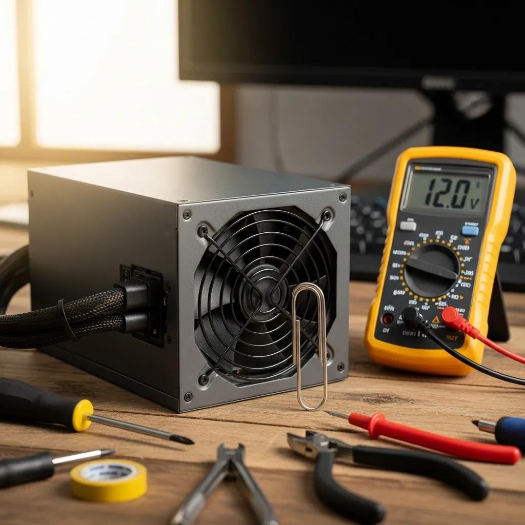 Computer power supply unit on a workbench with tools for troubleshooting