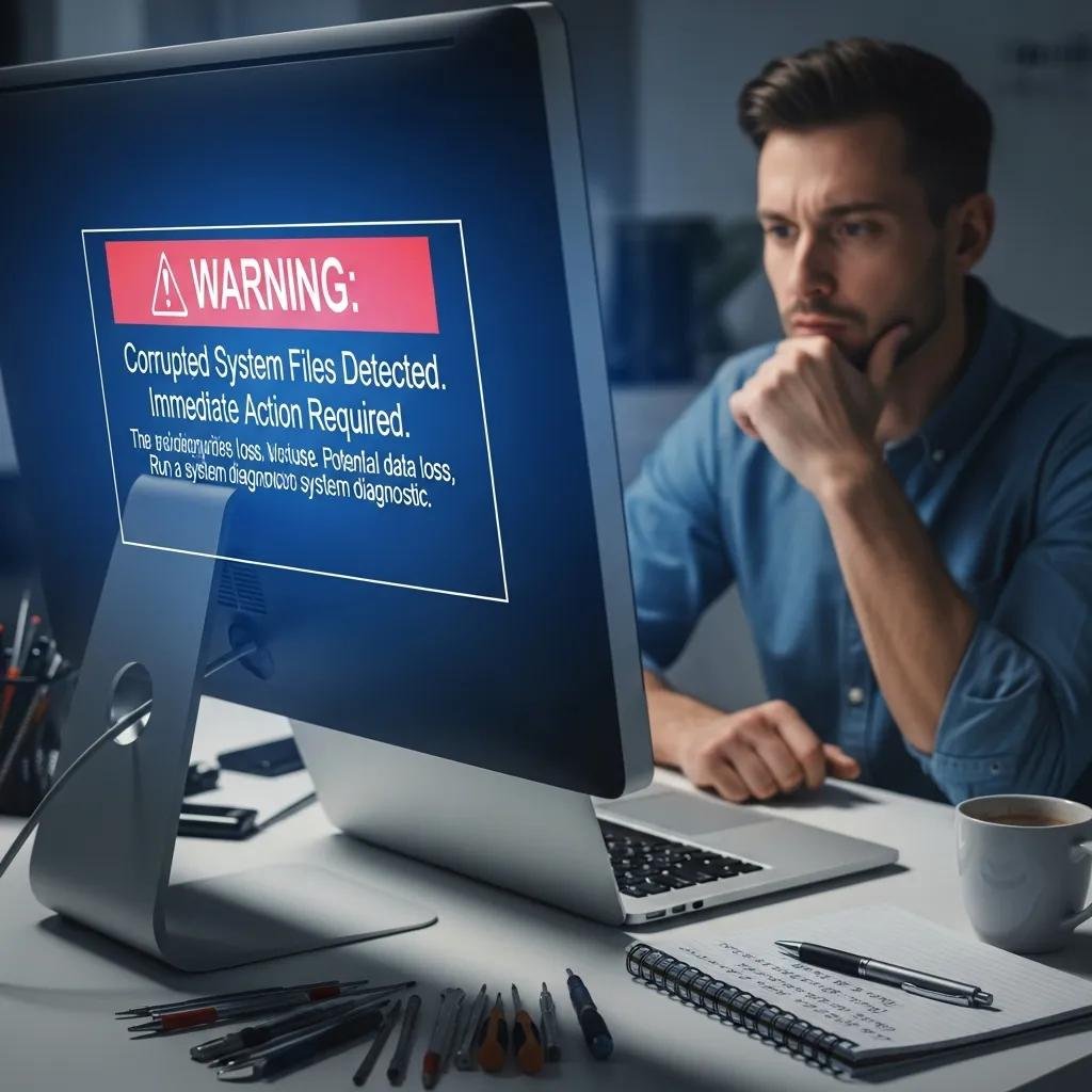 Computer screen displaying a warning about corrupted system files in a modern workspace