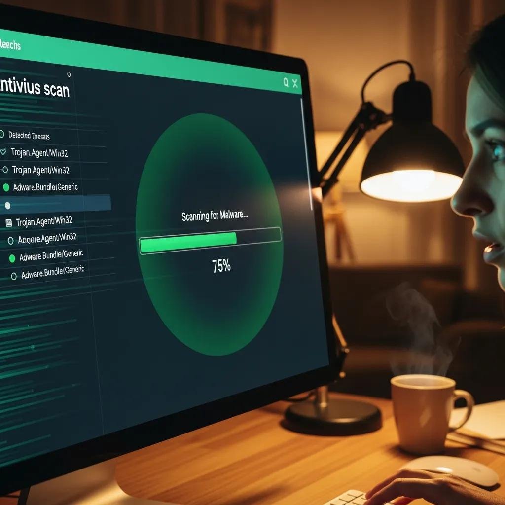 Computer screen displaying antivirus scan for malware detection