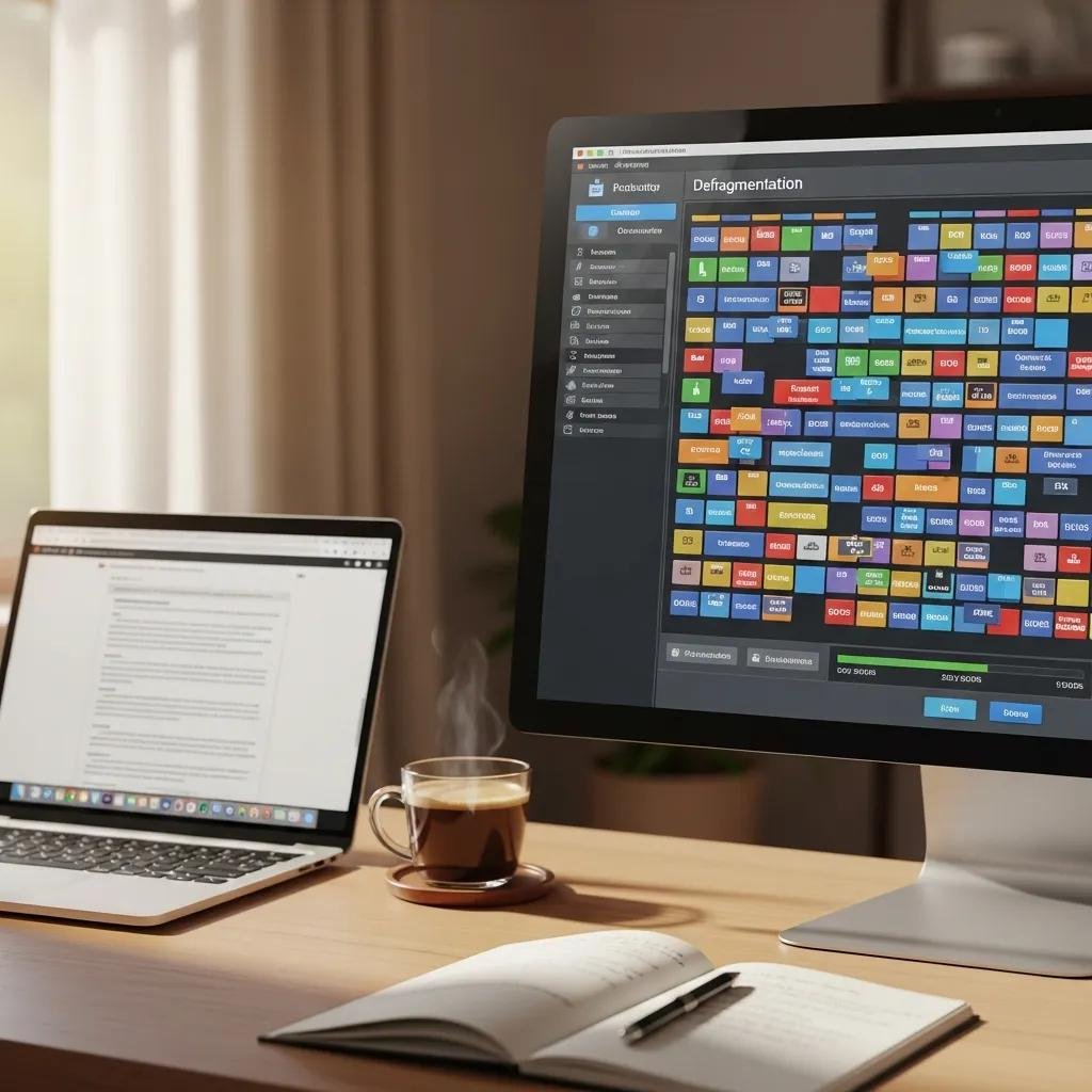 Computer screen displaying defragmentation process in a cozy workspace