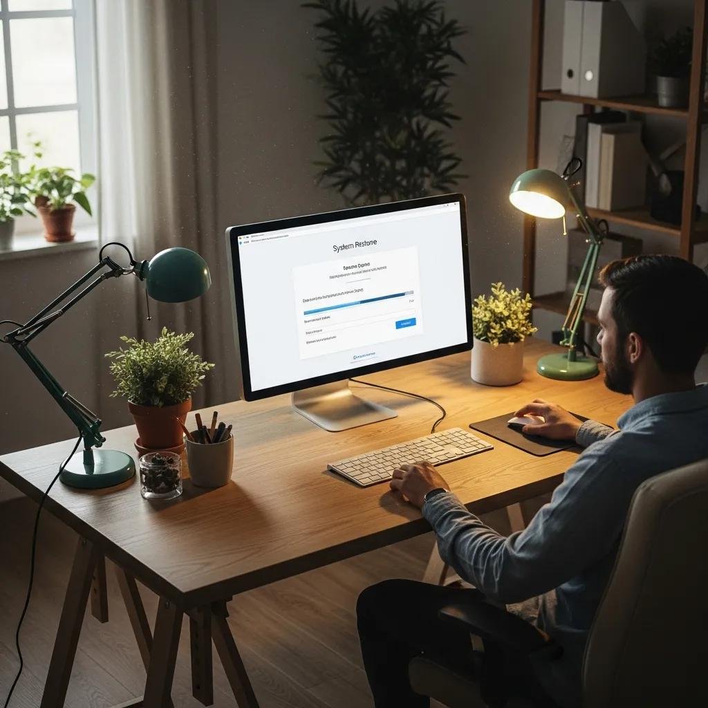 Computer screen displaying system restore interface in a cozy home office setting