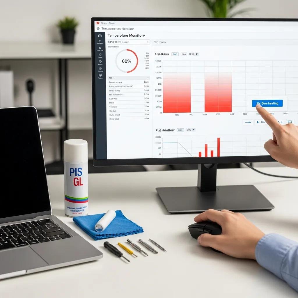 Computer screen displaying temperature monitoring software in a modern workspace