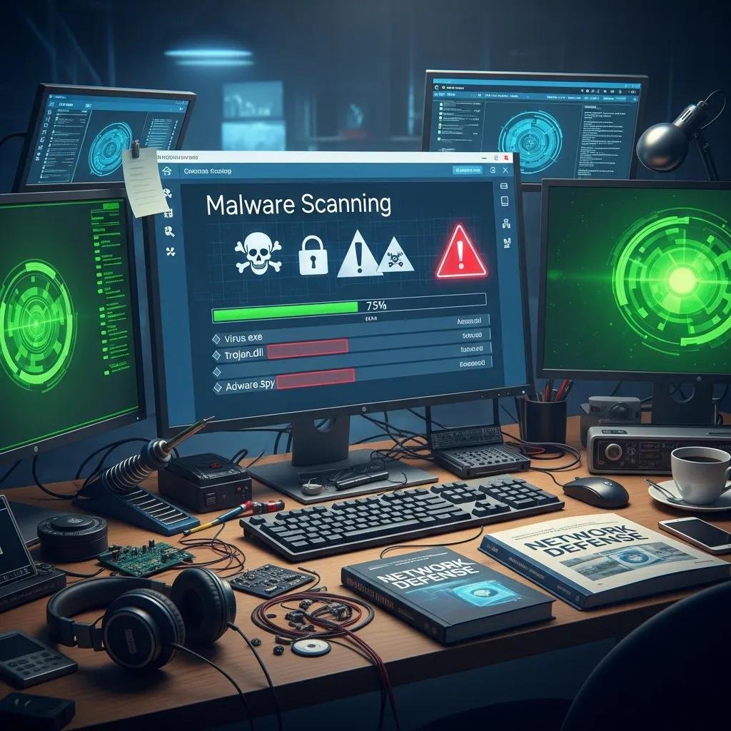 Computer screen showing a malware scanning tool in action, emphasizing the importance of browser security and maintenance
