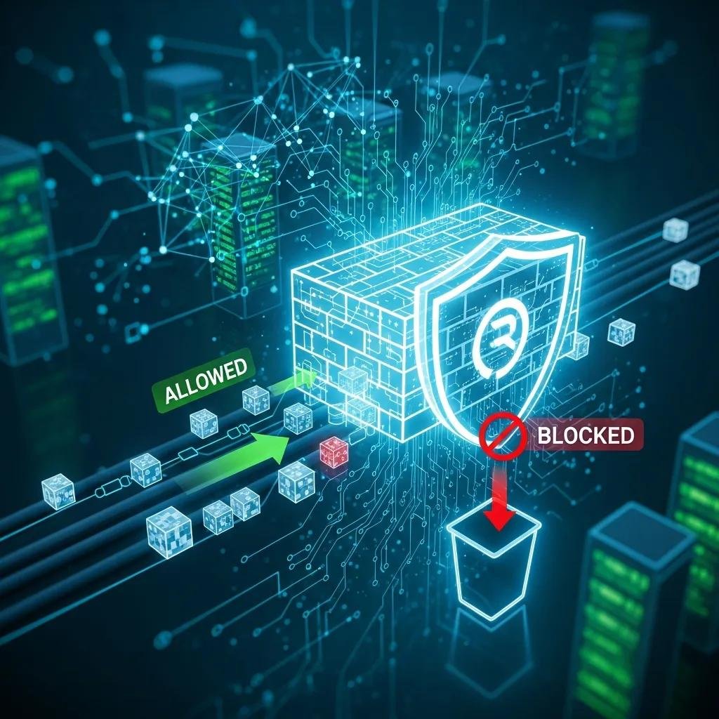 Conceptual representation of firewall filtering network traffic with data packets