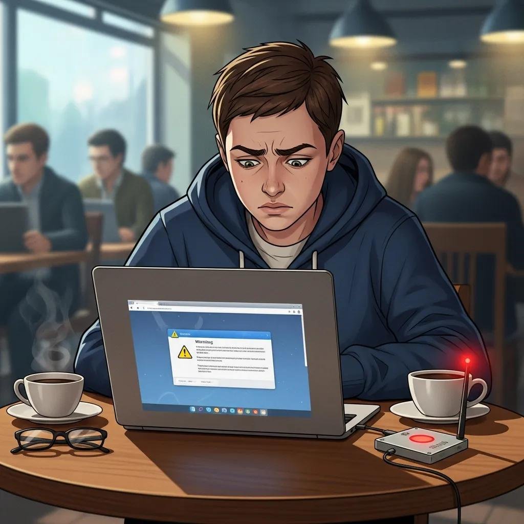 Concerned individual using a laptop in public, illustrating man-in-the-middle attack risks