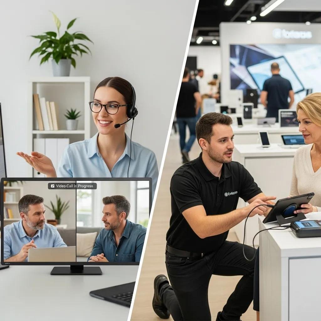 Contrasting tech support scenarios: remote assistance via video call and in-person support at a retail store