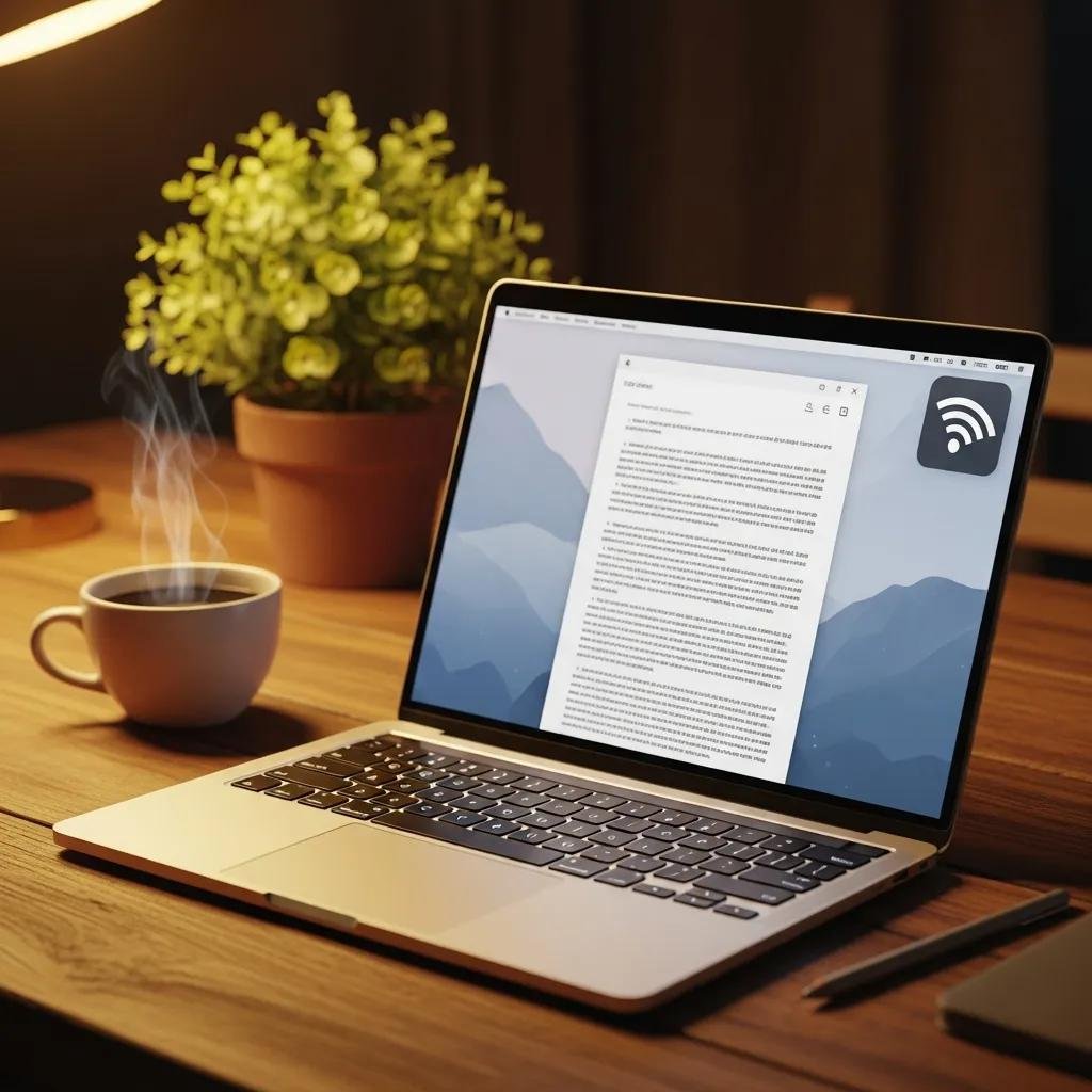 Cozy workspace with a MacBook showing Wi-Fi signal, highlighting remote troubleshooting