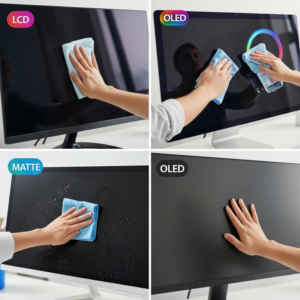 Different types of computer monitor screens being cleaned with appropriate techniques