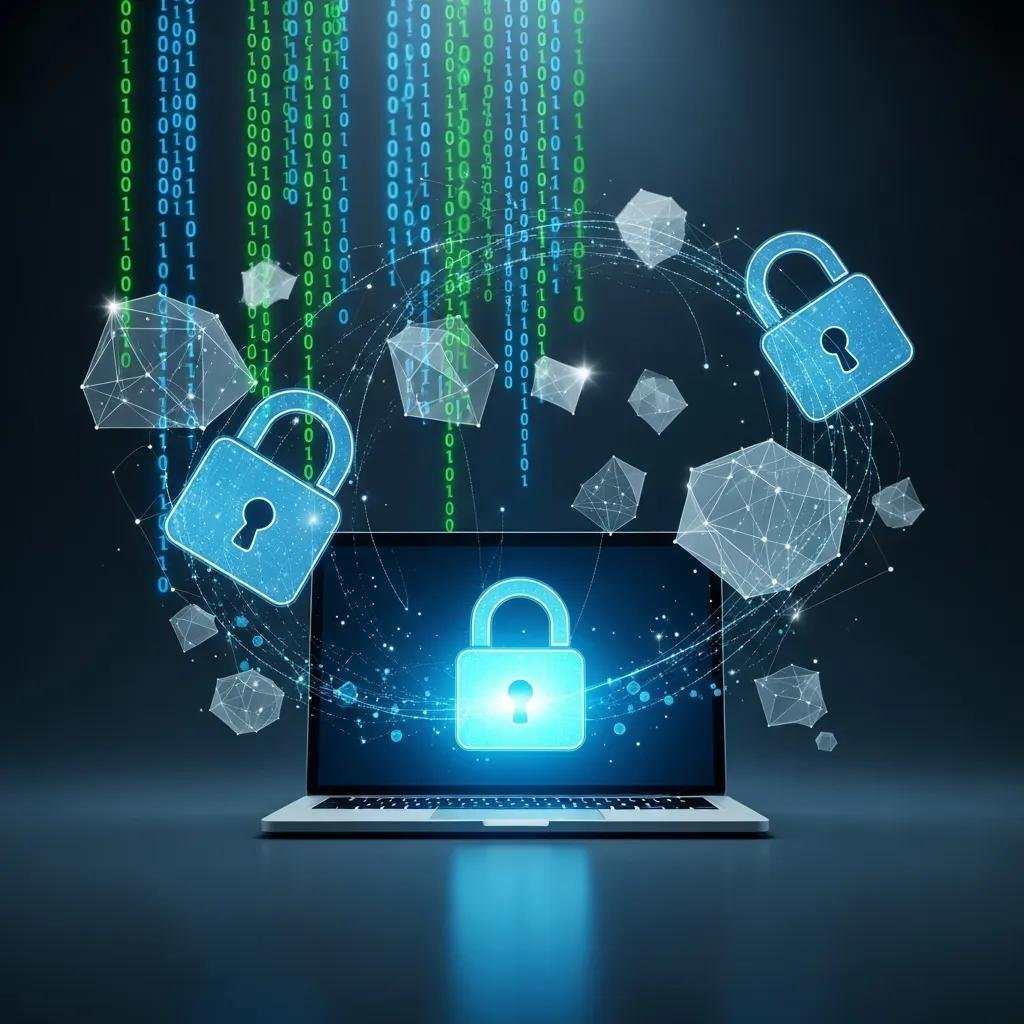 Digital security concept with a laptop displaying a lock symbol, representing data encryption and privacy