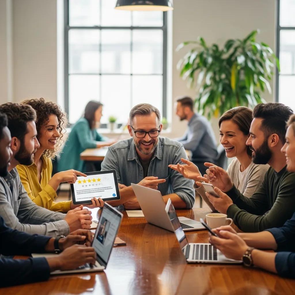 Diverse group of customers sharing positive experiences about remote tech support services