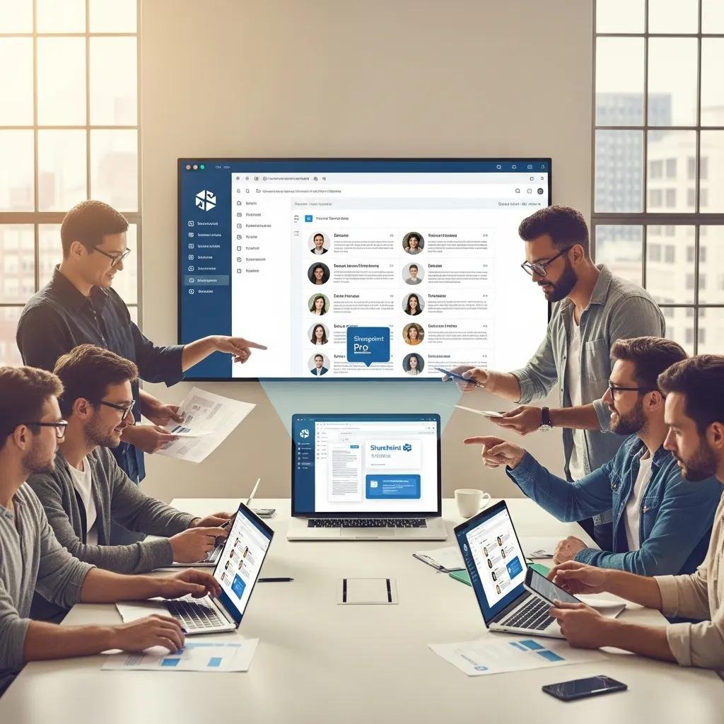 Diverse team collaborating on digital file-sharing platform in a modern office