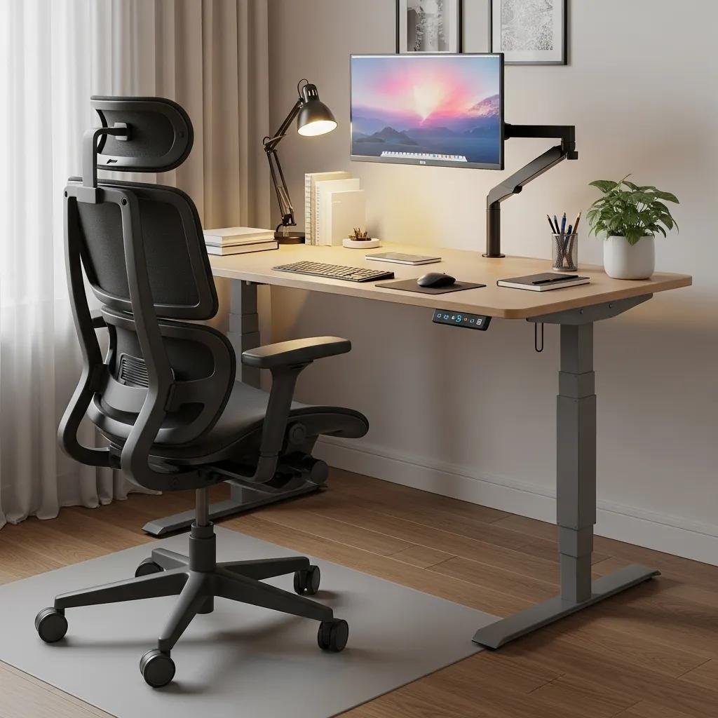 Ergonomic workspace with adjustable chair and standing desk for a healthy home office