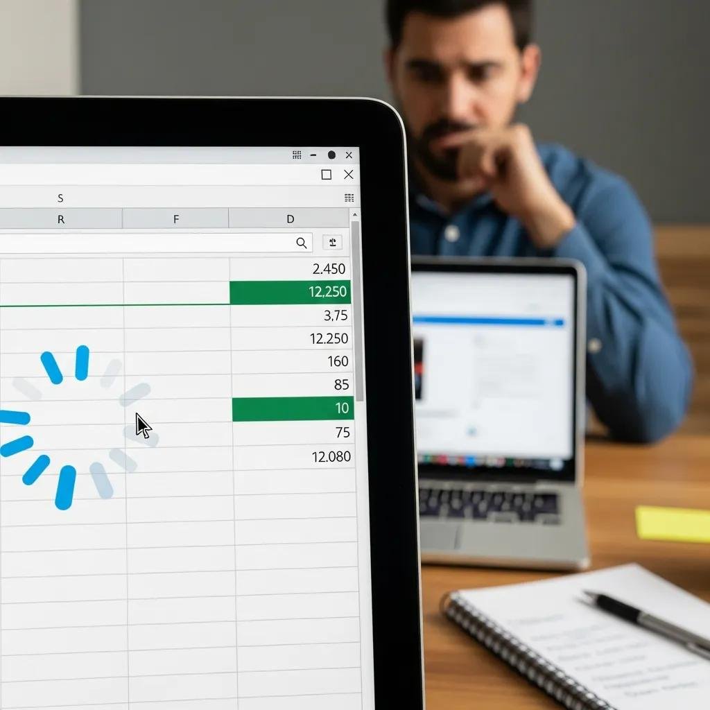 Excel spreadsheet freezing on a computer screen with a concerned user