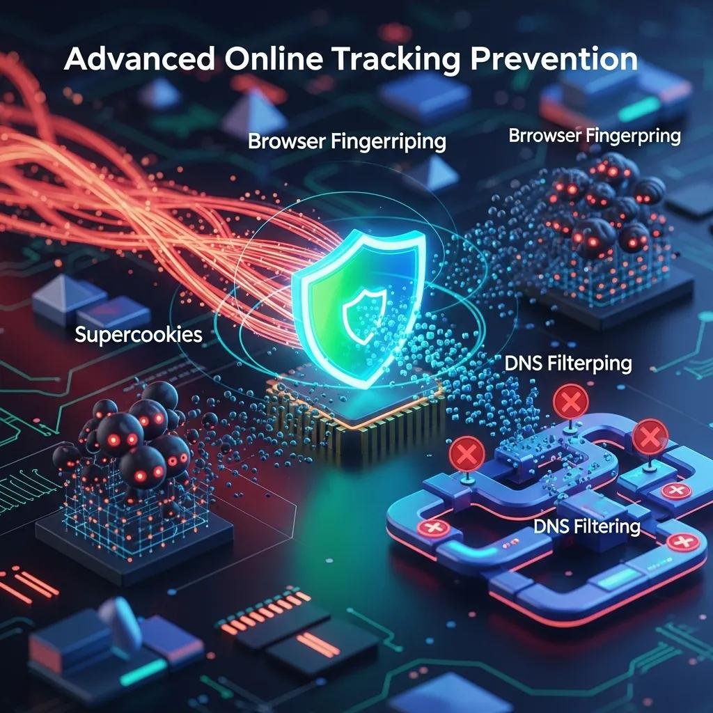 Futuristic digital landscape showcasing advanced online tracking prevention methods and data security