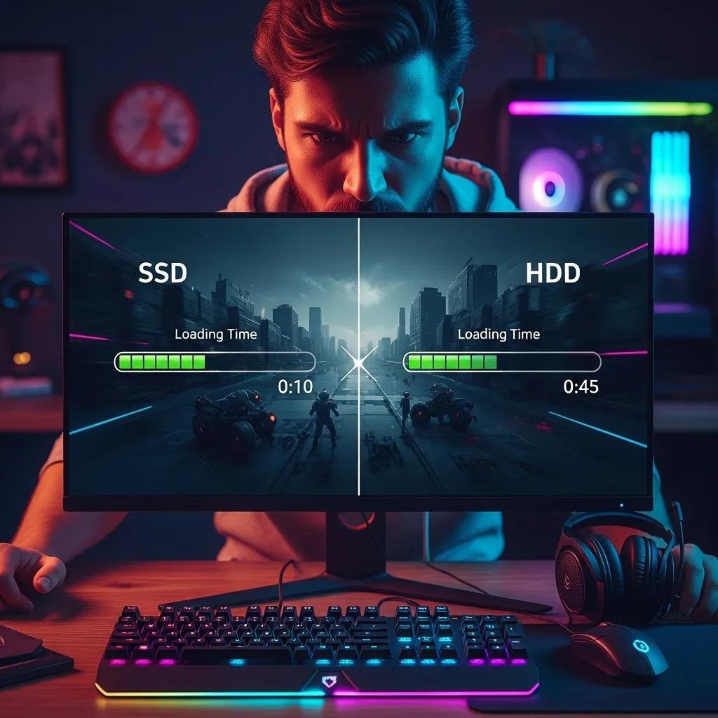 Gamer experiencing faster load times on SSD compared to HDD, illustrating performance differences