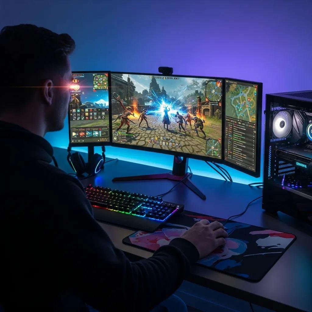 Gamer focused on high-performance gaming setup with multiple monitors and vibrant graphics