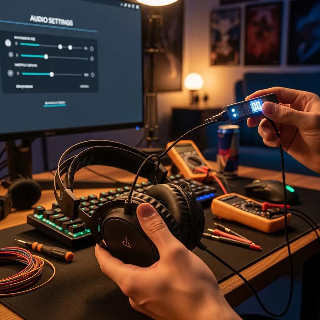 Gamer troubleshooting a wired headset with audio settings on a computer screen