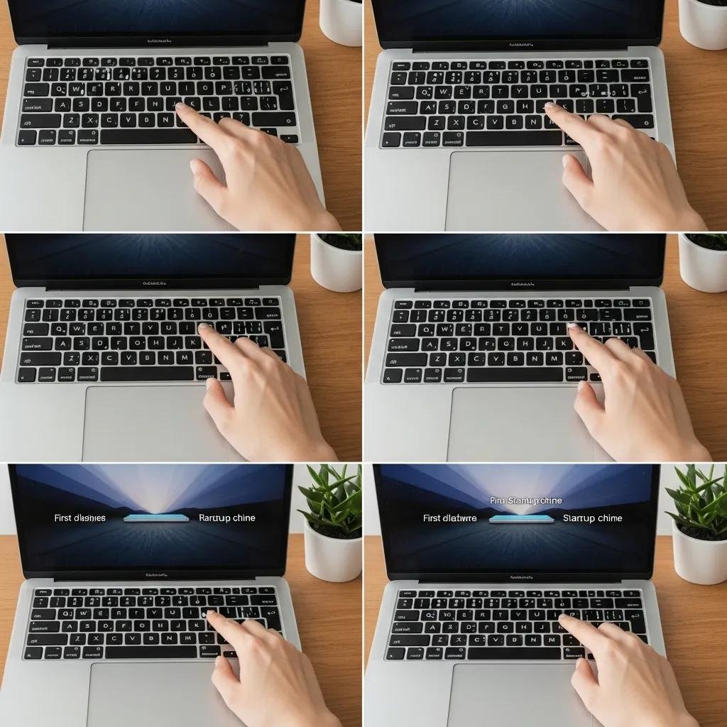 Hand pressing Command, Option, P, and R keys on a MacBook keyboard for PRAM/NVRAM reset