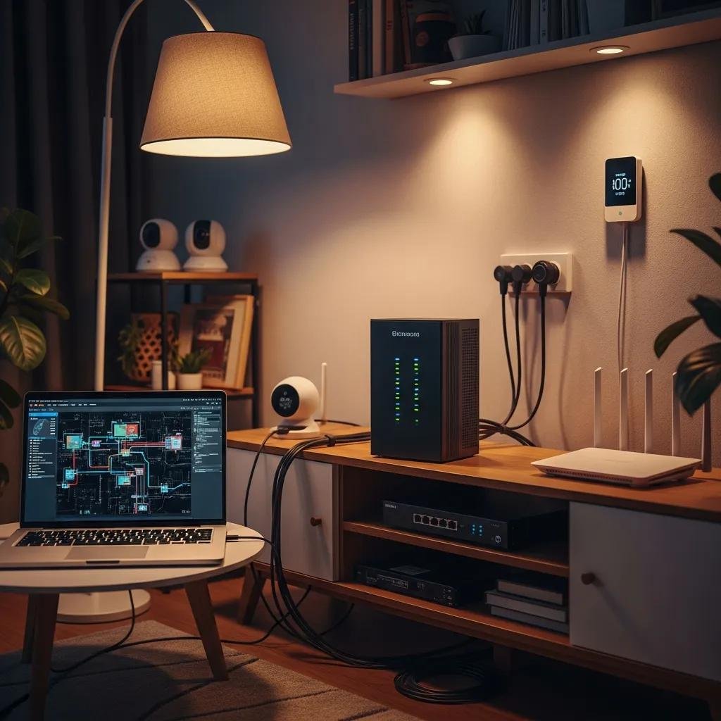 Home network setup showcasing a firewall device with connected smart devices