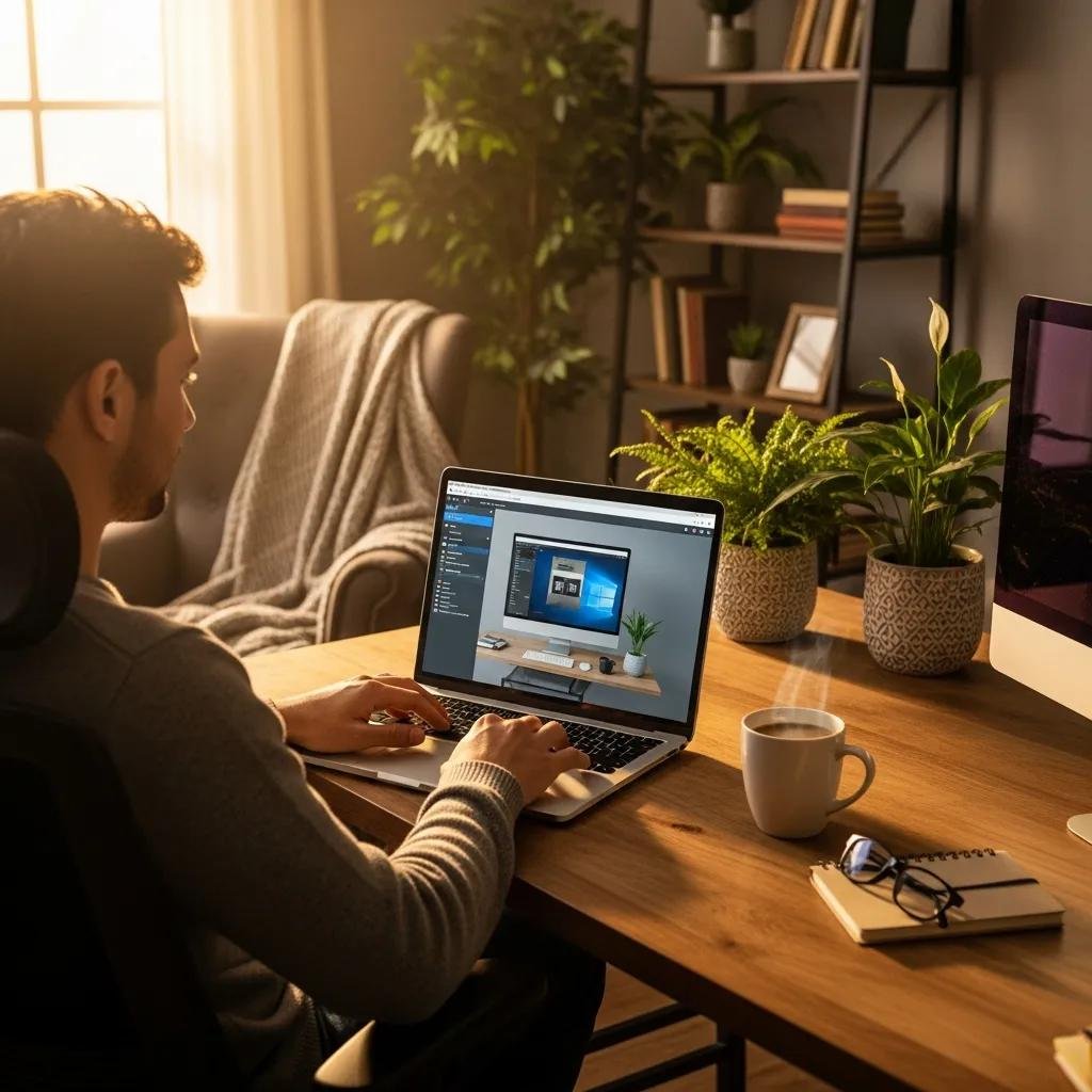 Home office setup with a person using a laptop for remote computer repair