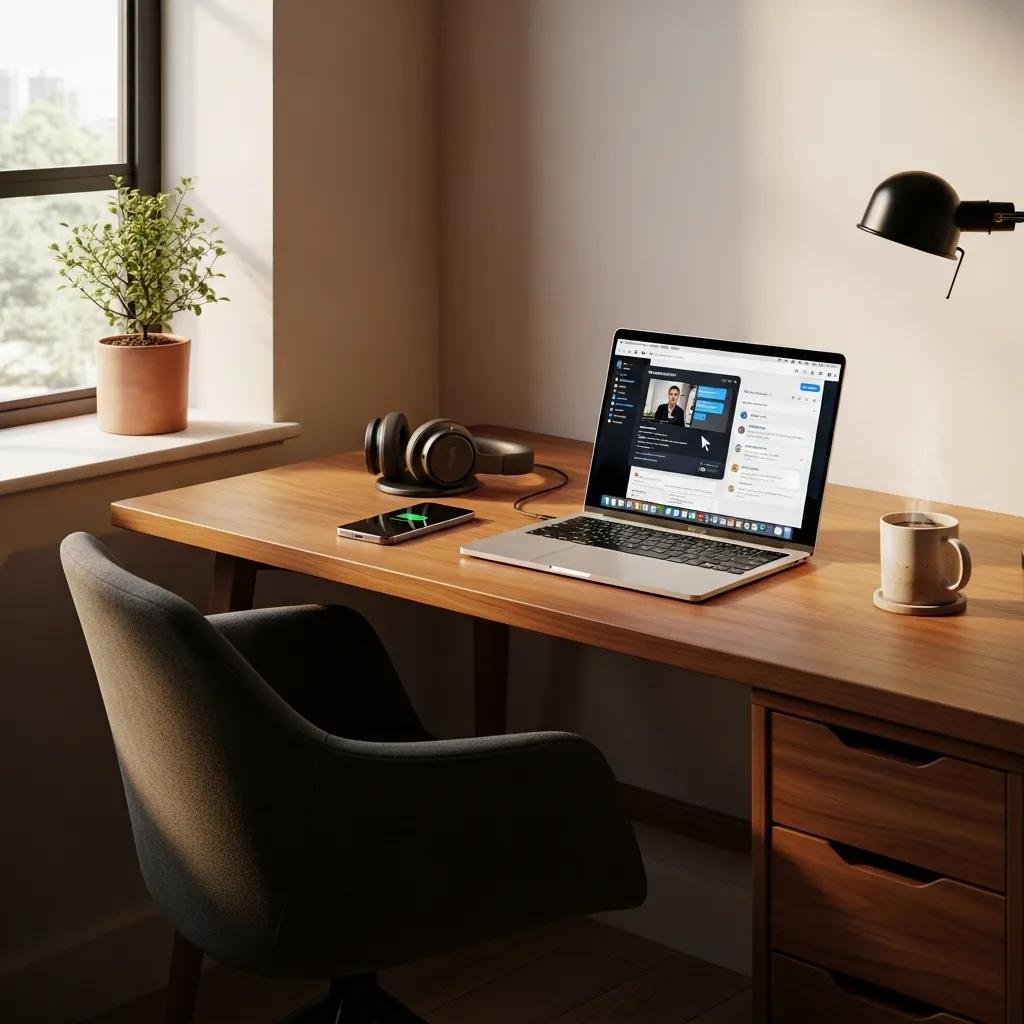 Home office with a laptop showing remote computer repair session, emphasizing convenience and efficiency