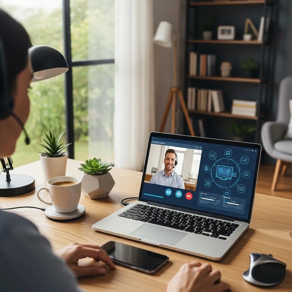 Home office with a laptop showing remote tech support, emphasizing modern technology and user engagement