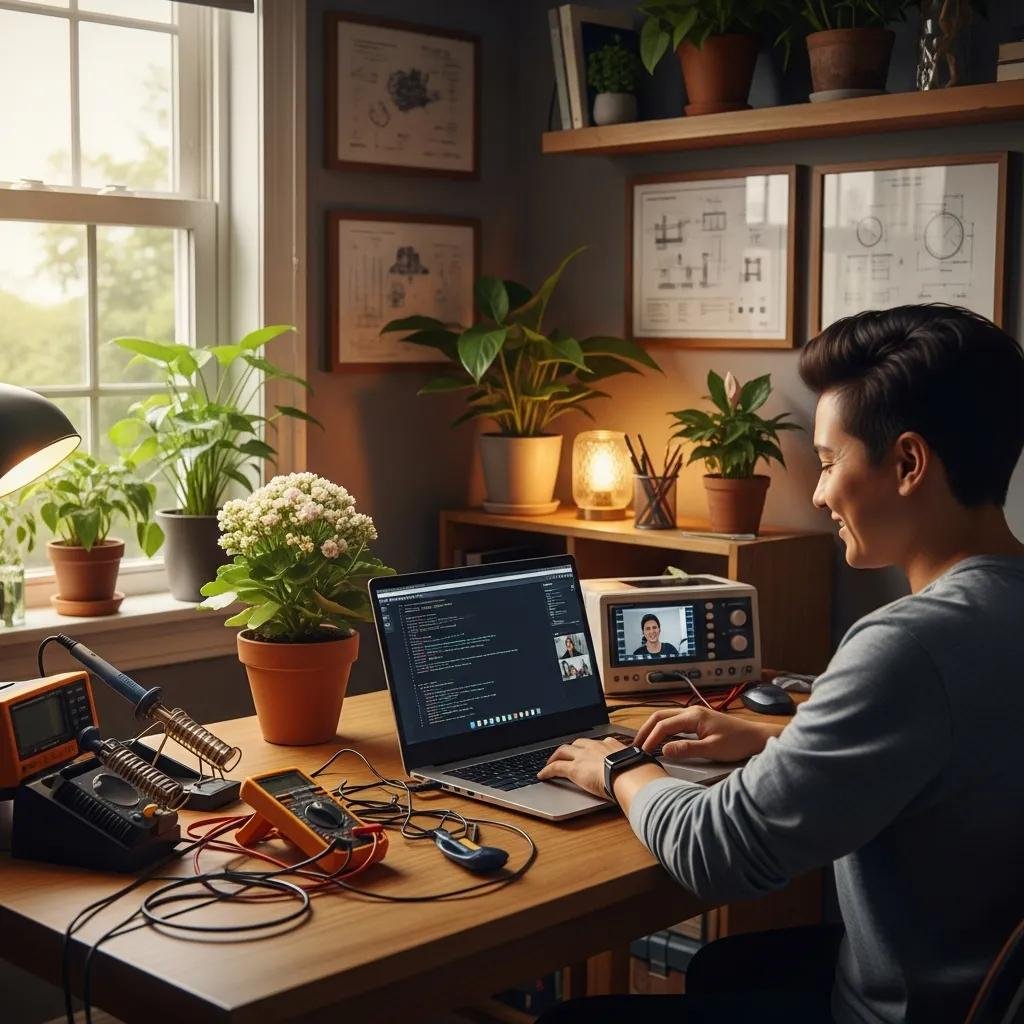 Home office with a person using a laptop for remote computer repair, emphasizing comfort and technology