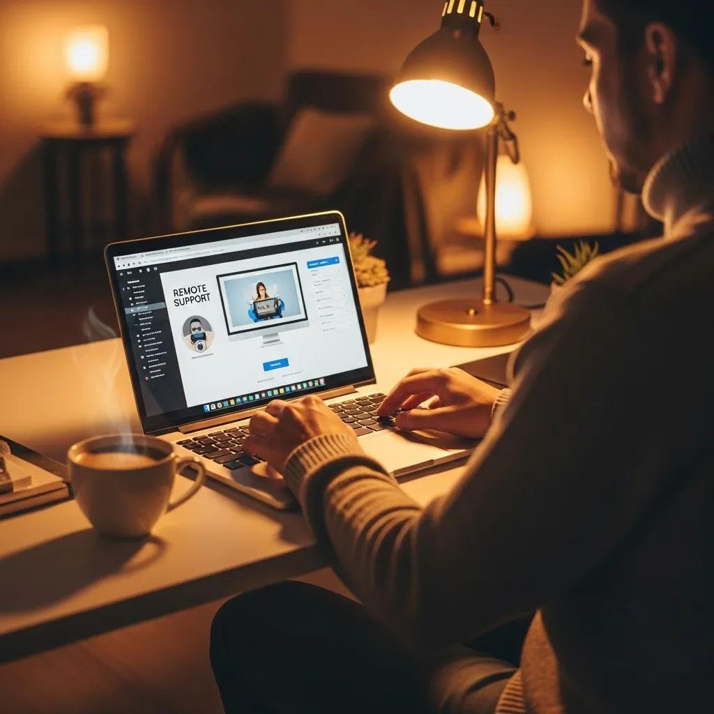 Home office with a person using a laptop for remote computer repair, showcasing a cozy and engaging workspace