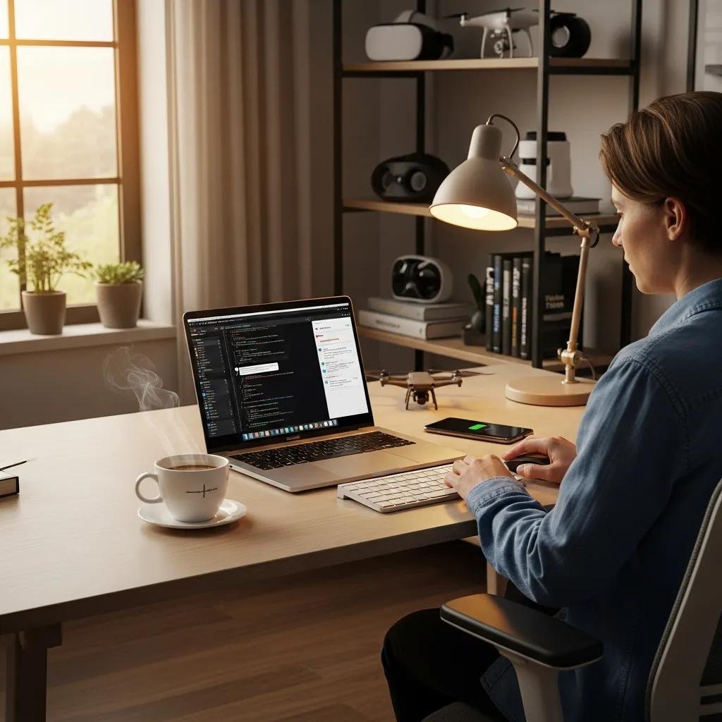 Home office with a person using a laptop for remote tech support, showcasing a comfortable and efficient workspace