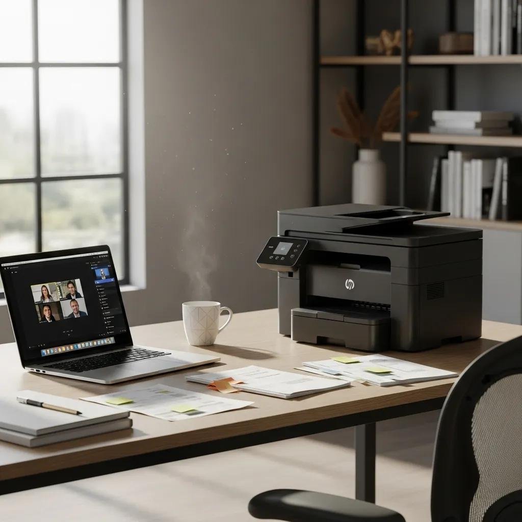 Home office with a printer and laptop, representing remote printing solutions