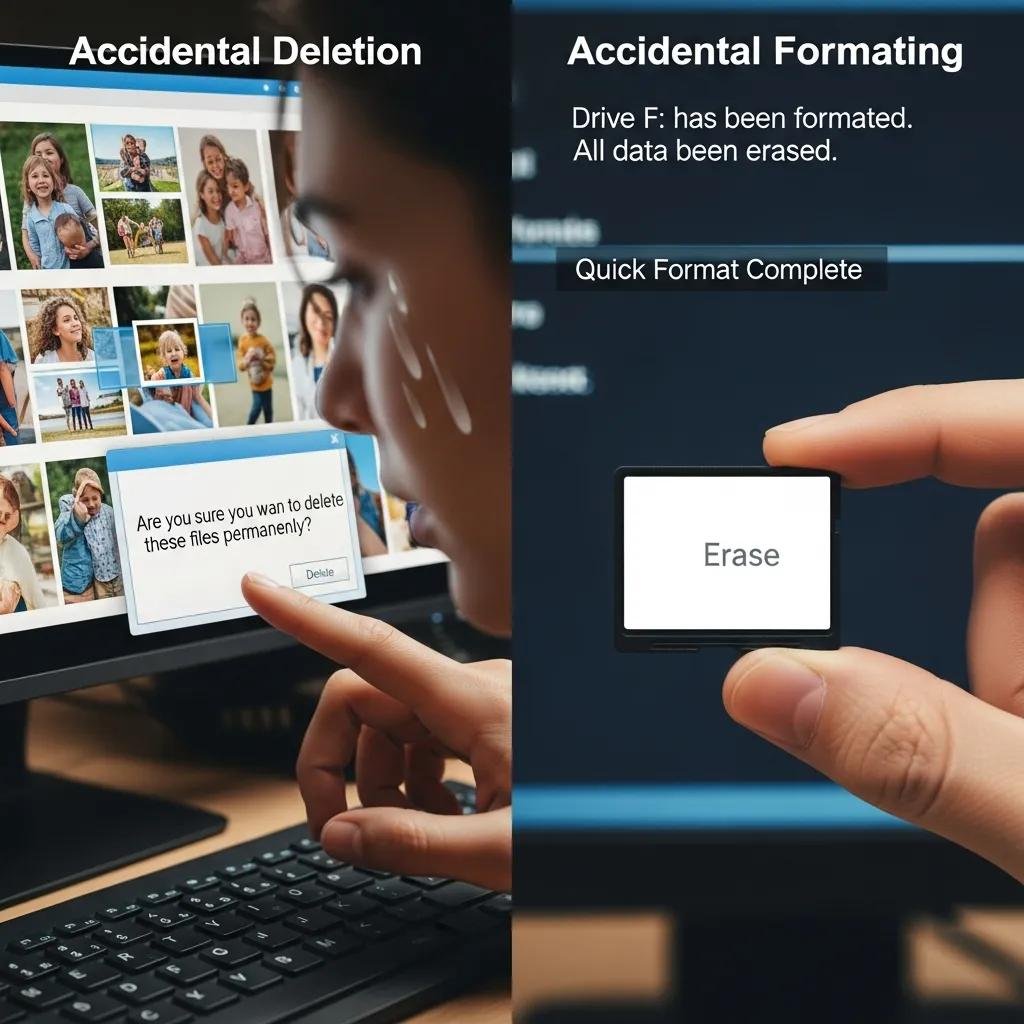 Illustration of common causes of photo loss, including accidental deletion and formatted SD card