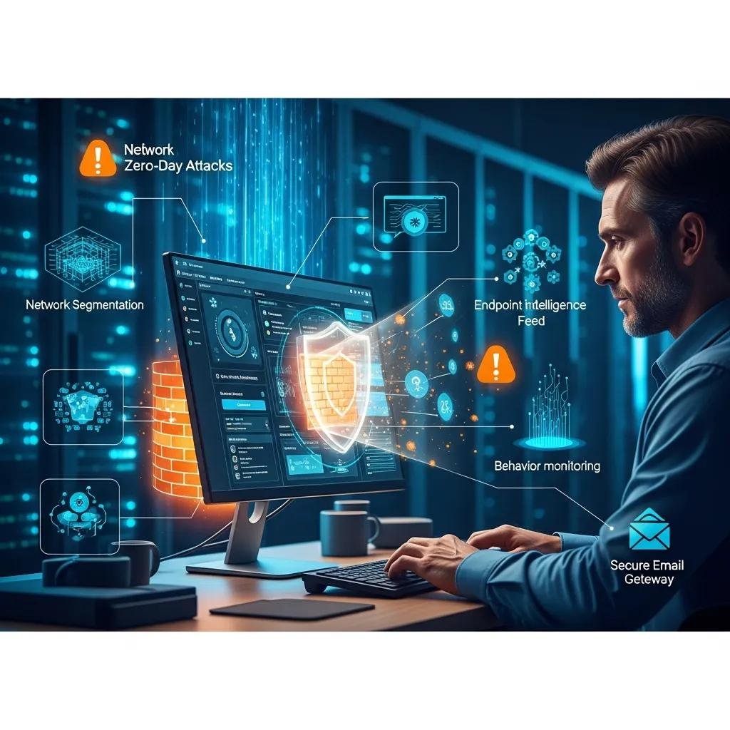 Illustration of cybersecurity tools and strategies for preventing zero-day attacks
