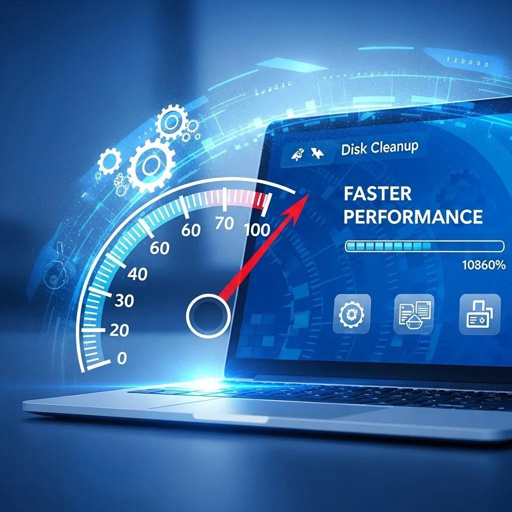Illustration of improved computer performance with a speedometer graphic after disk space cleanup