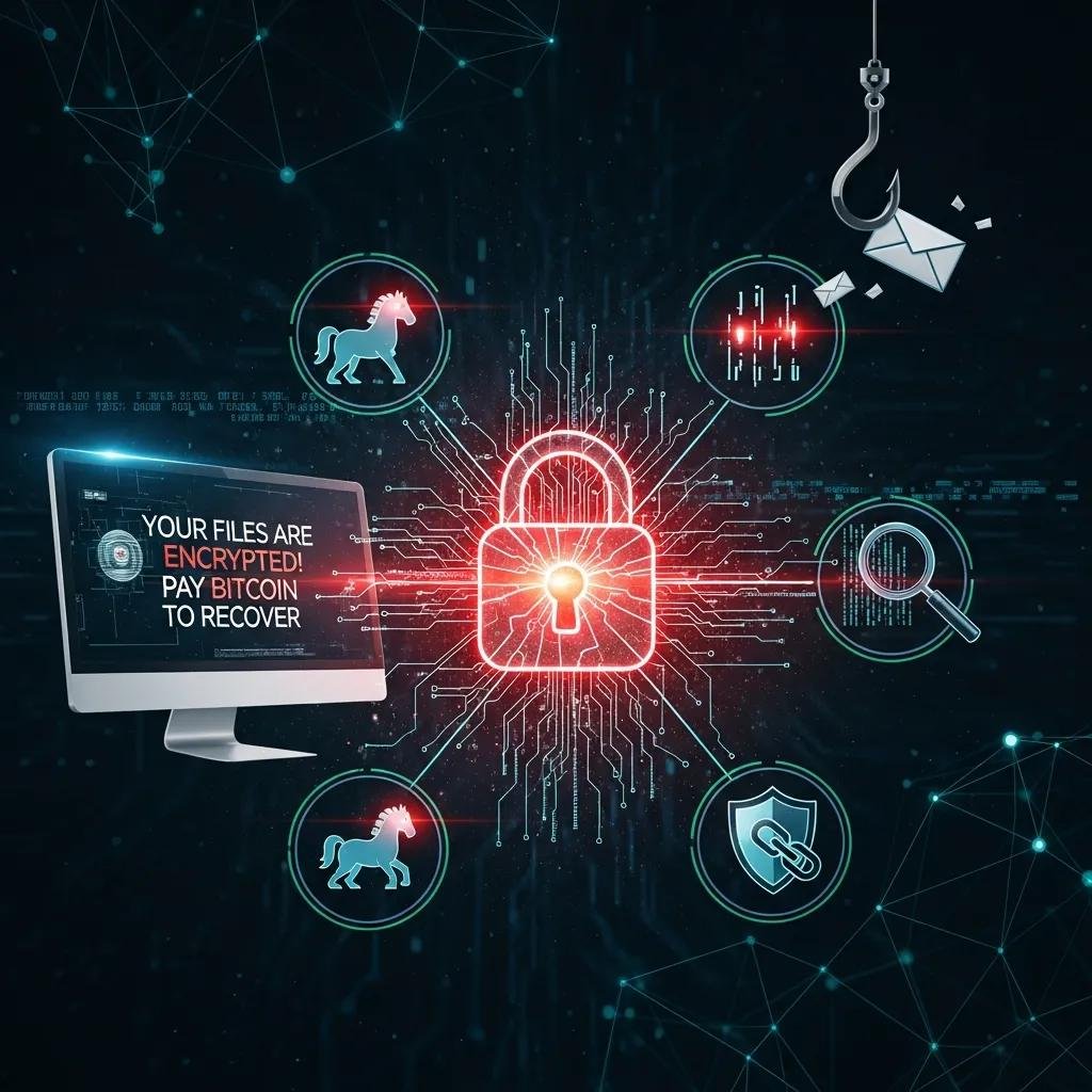 Illustration of key cyber threats including malware, ransomware, and phishing, highlighting digital security risks