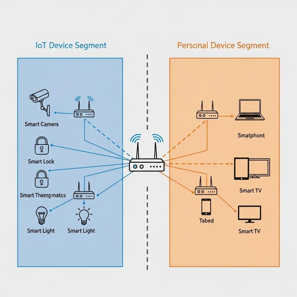 Illustration of network segmentation in smart homes, showing separation of IoT and personal devices