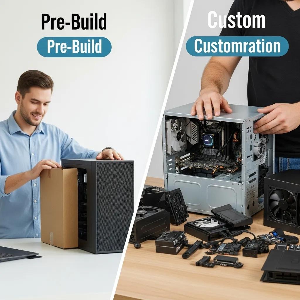 Illustration of pre-built PC unboxing versus custom PC assembly highlighting key differences