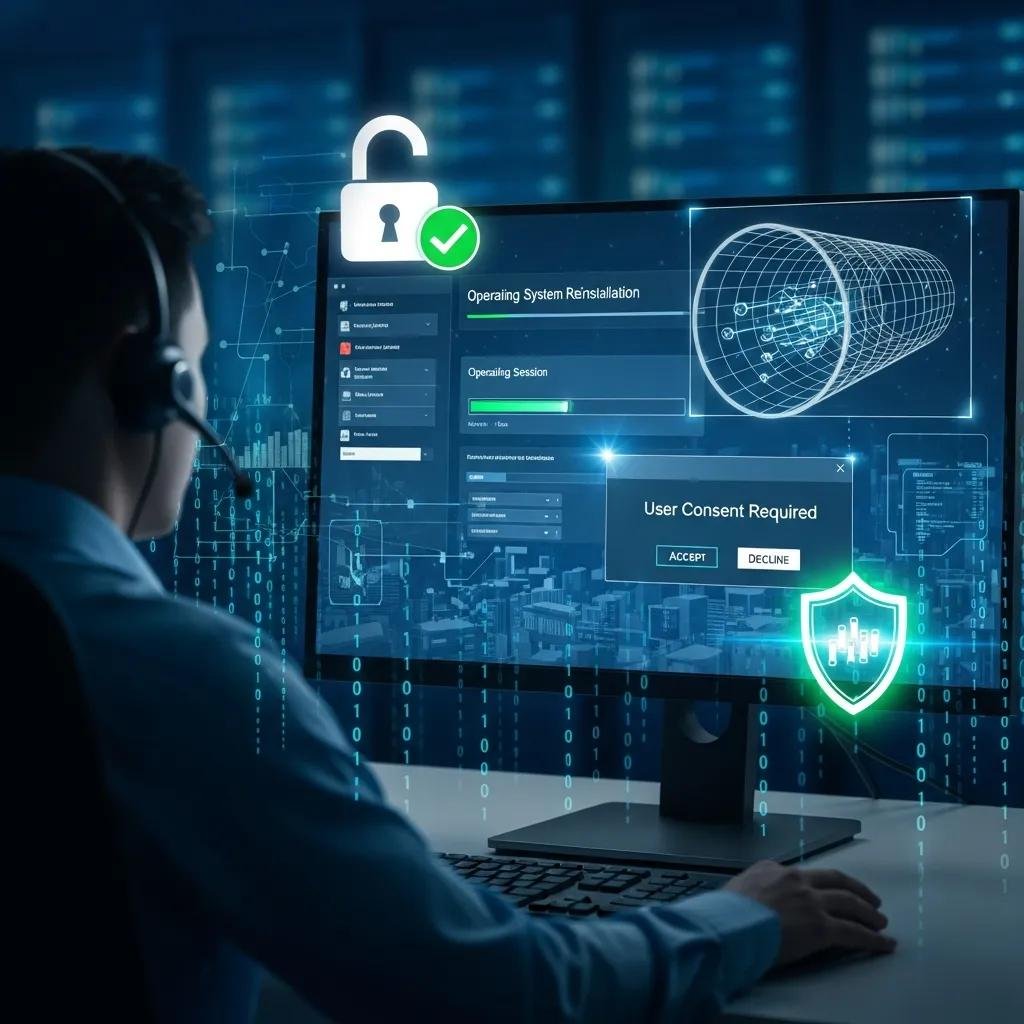 Illustration of security measures during remote OS reinstallation, highlighting encryption and user consent