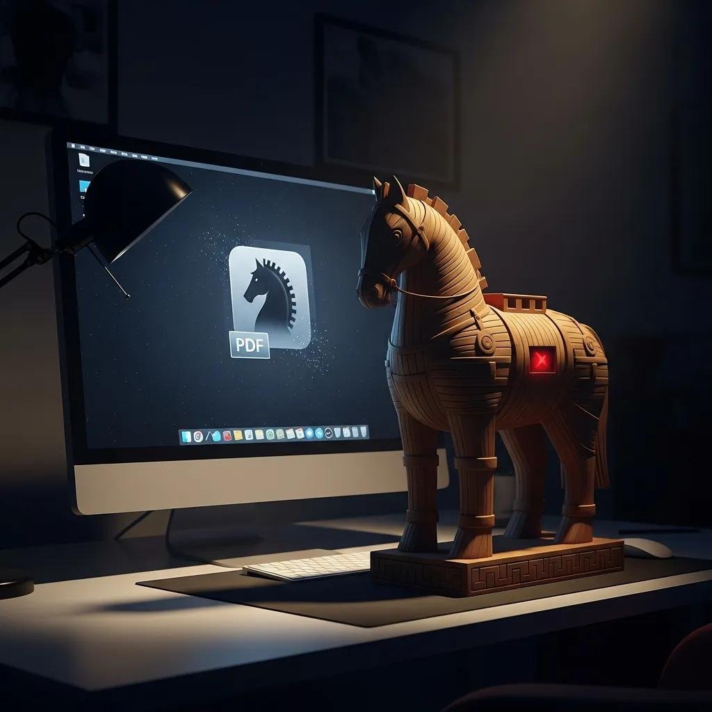 Illustration of Trojan horse malware concept with a computer screen and a wooden Trojan horse, symbolizing deception