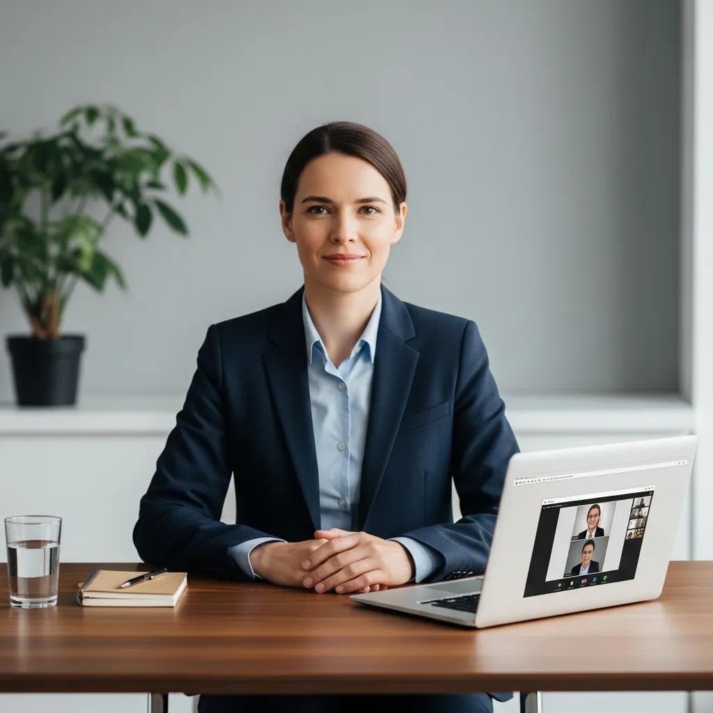 Individual in professional attire at a desk with a neutral background, showcasing best practices for video conferencing