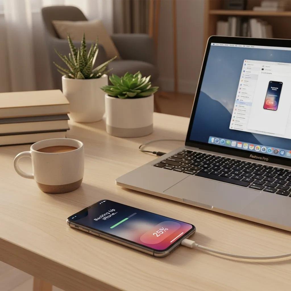 iPhone and MacBook in a cozy setting illustrating wireless backup process