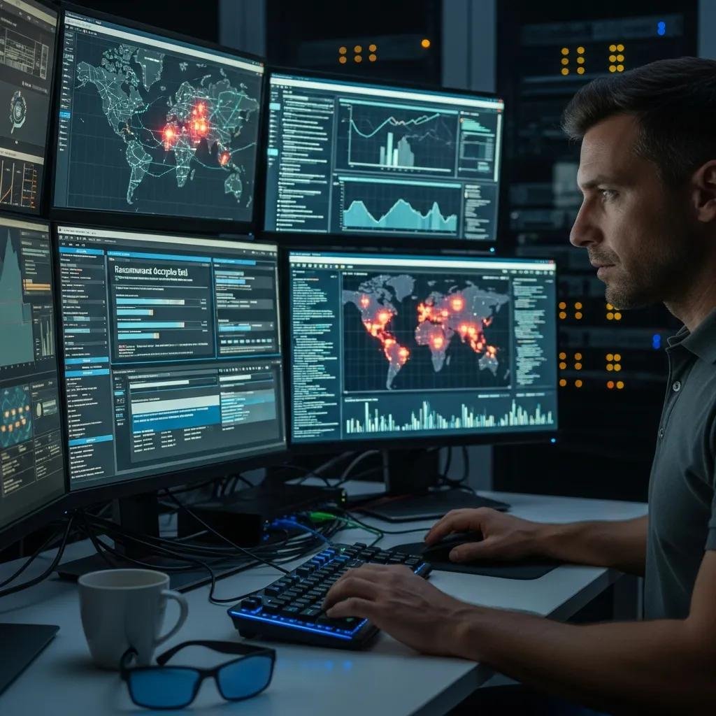 IT technician engaged in ransomware recovery, showcasing cybersecurity tools and technology