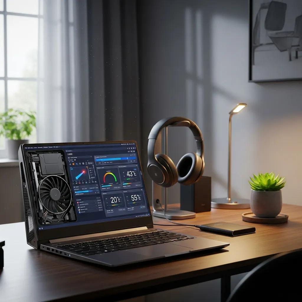 Laptop cooling fan in a modern workspace, illustrating solutions for noisy computer fans
